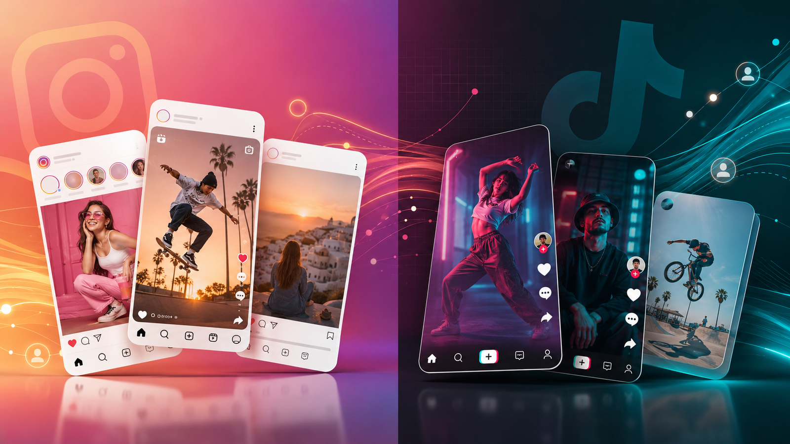Composição visual dividida entre Instagram e TikTok com cartões de conteúdo, linhas de distribuição e sinais de alcance.