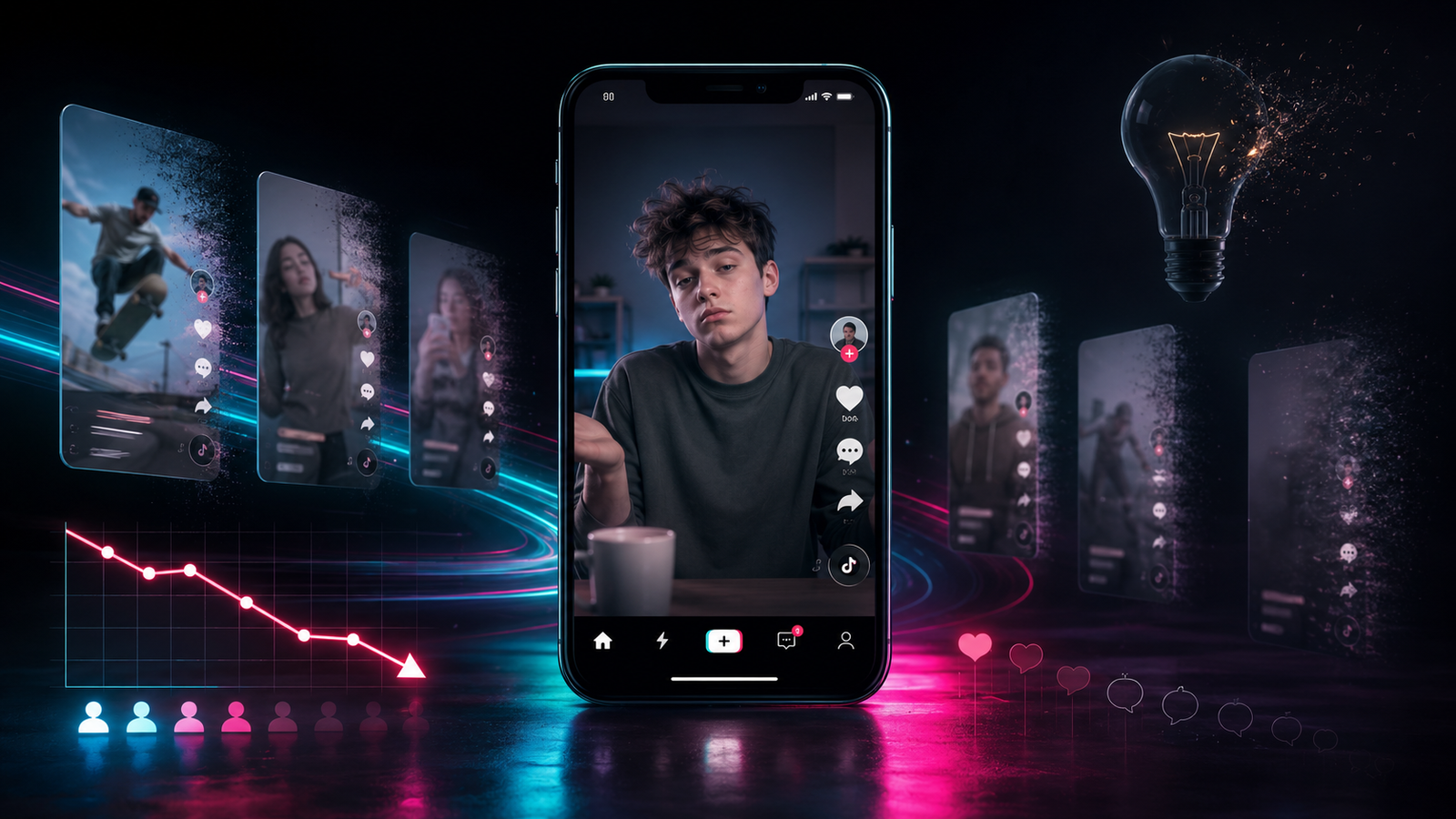 Composição visual sobre Reels, TikTok e vídeos curtos com estética de redes sociais e criação de conteúdo.