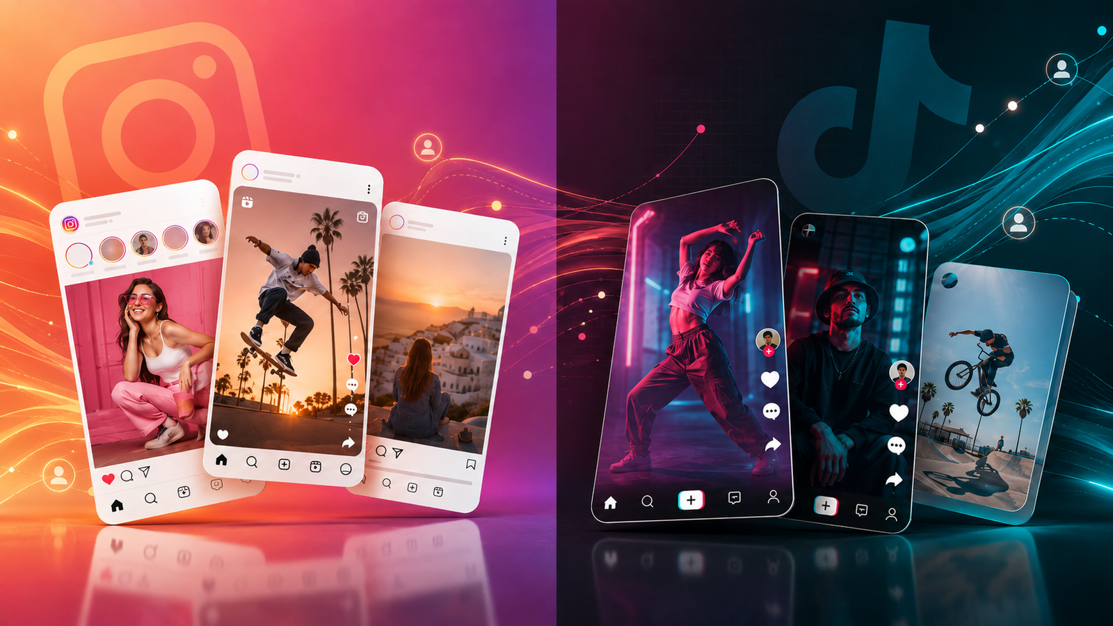 Composição visual dividida entre Instagram e TikTok com cartões de conteúdo, linhas de distribuição e sinais de alcance.