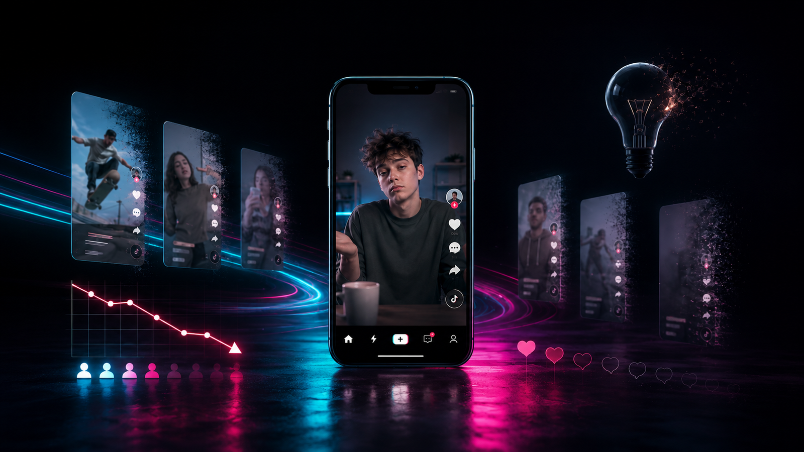 Composição visual sobre Reels, TikTok e vídeos curtos com estética de redes sociais e criação de conteúdo.